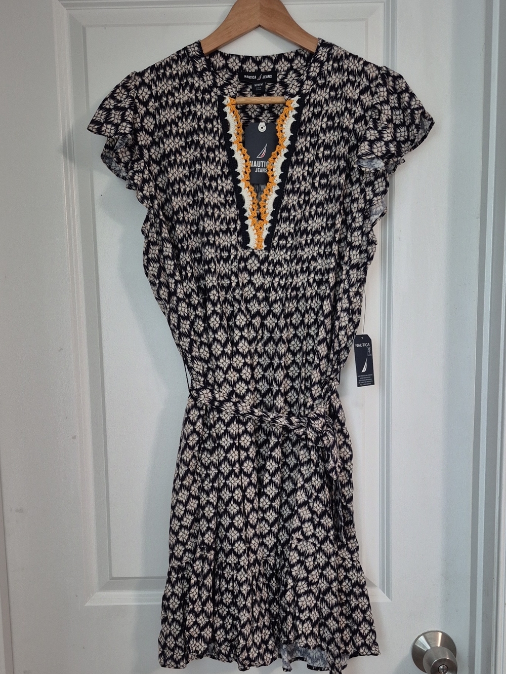 Nautica Black & White Printed Tie-Waist Mini Dress with Yellow Trim